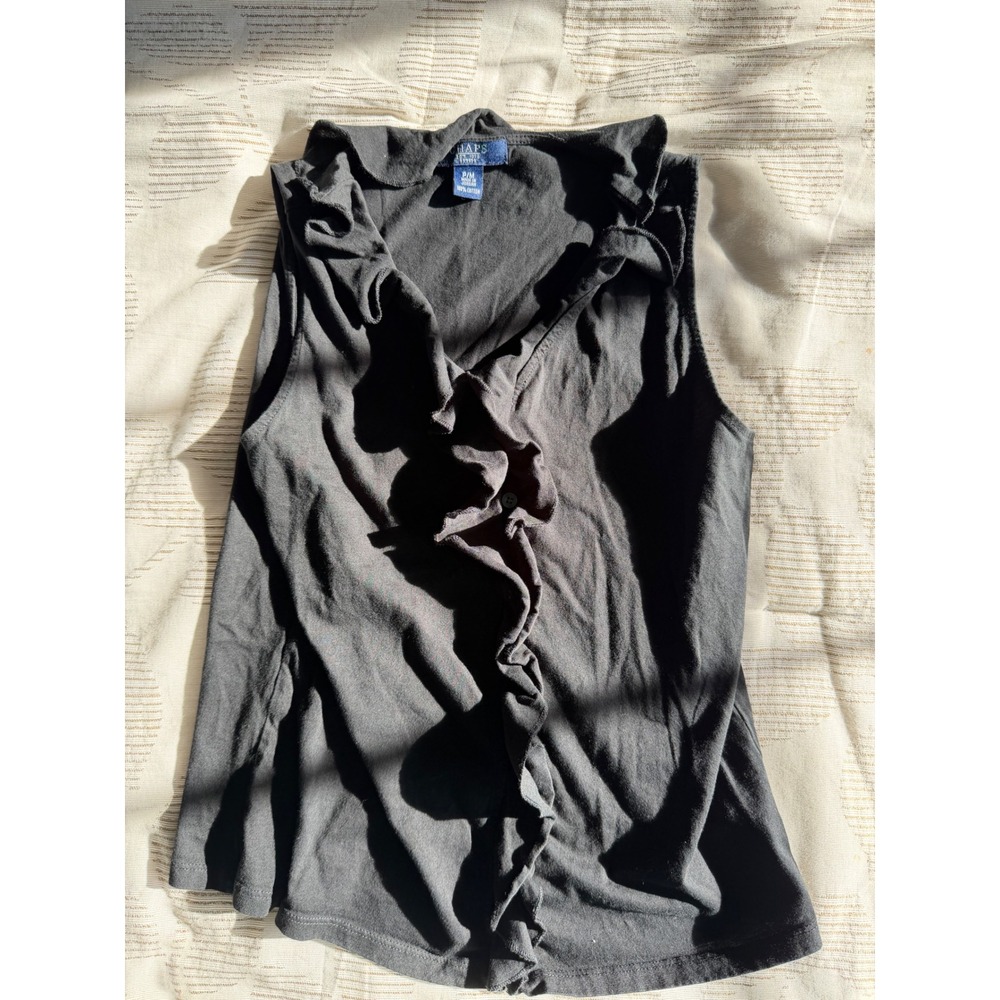 Chaps Womens Petite Medium Black Ruffle V-Neck Sleeveless Cotton Knit Top